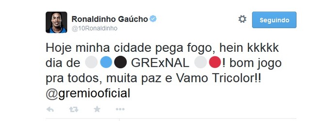 Ronaldinho pede paz e mostra apoio ao Grêmio no Gre-Nal: Vamo Tricolor