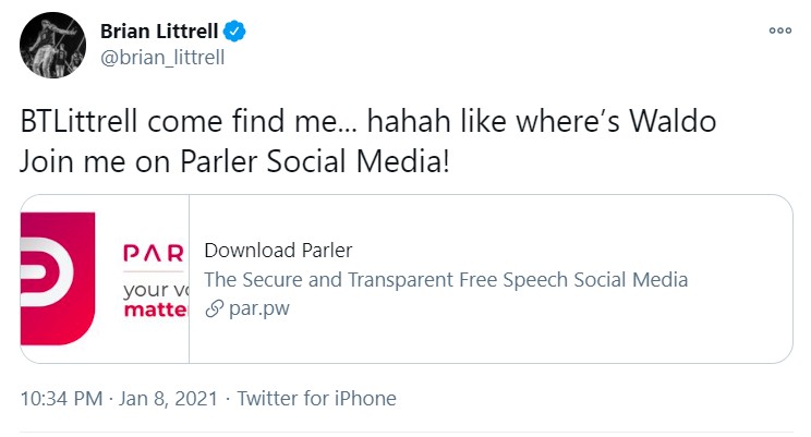 Também no Twitter, Brian Littrell informou aos seguidores a sua ingressão na rede social Parler, banida recentemente das lojas de aplicativos por ser muito usada por simpatizantes da extrema-direita americana (Foto: Reprodução/Twitter)