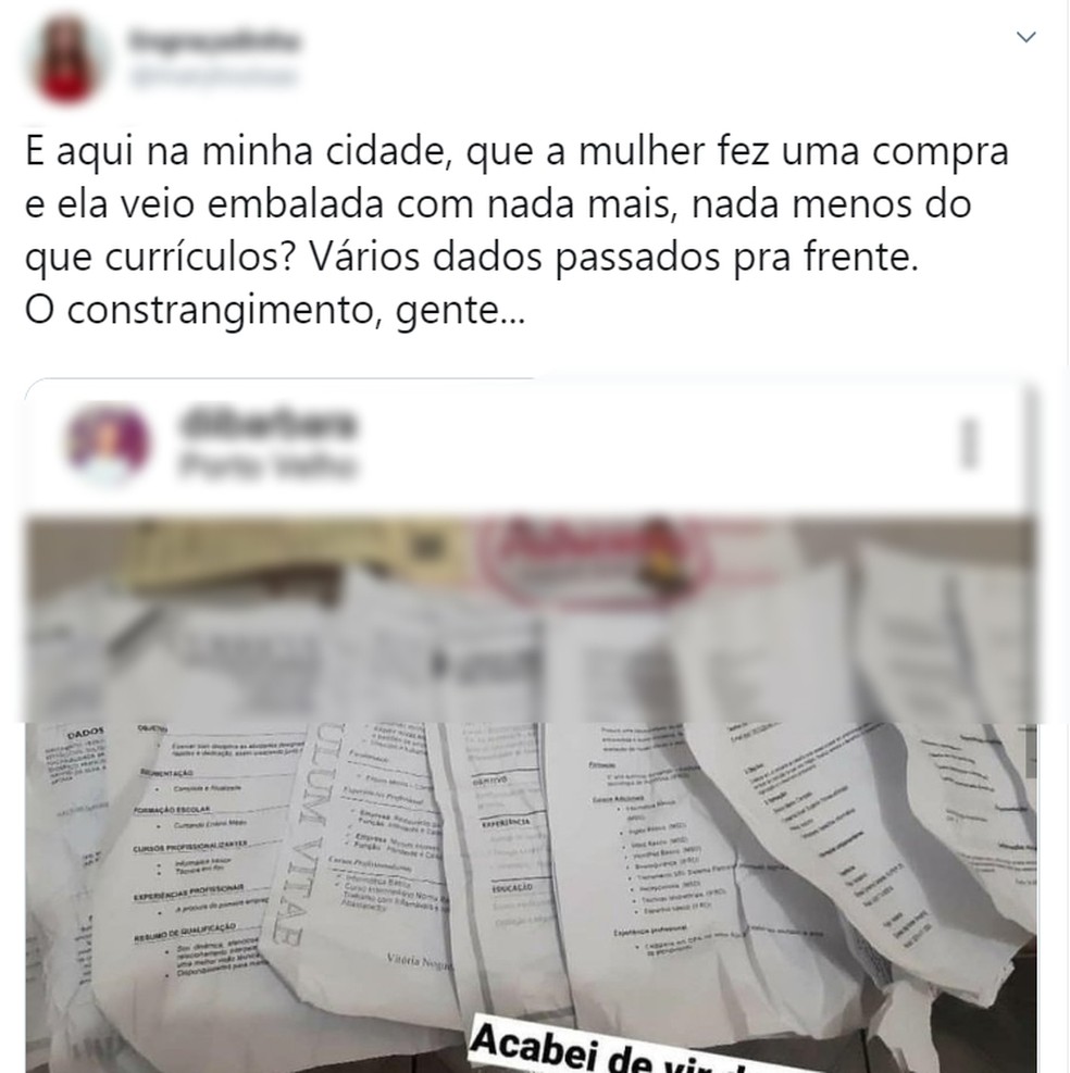 Internautas criticam loja de Porto Velho que embalou produtos com currículos.  — Foto: Reprodução/Twitter