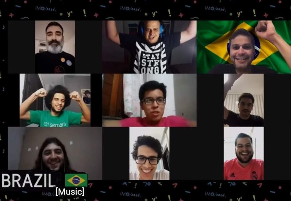 Olimpíada Internacional de Matemática. Da esquerda para a direita, na primeira linha estão: Carlos Gustavo e Matheus Secco; na segunda linha, estão Guilherme Zeus, Gabriel Ribeiro Paiva, Pablo Andrade Carvalho Barros. Na terceira linha, estão Bernardo Peruzzo, Pedro Gomes Cabral, Francisco Moreira Machado. — Foto: Divulgação/Impa