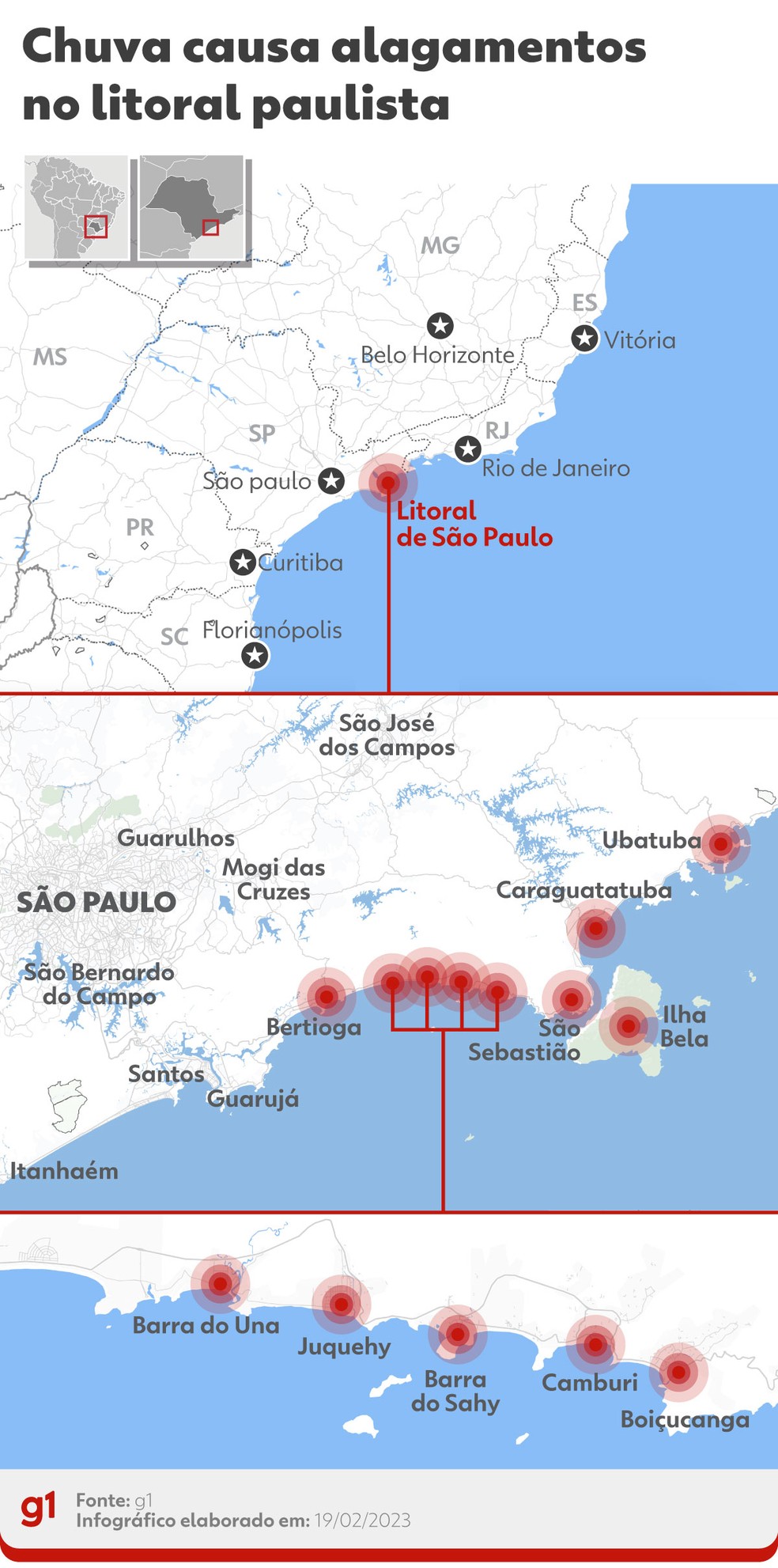 Chuva causa alagamentos no litoral paulista: veja as cidades mais atingidas — Foto: Arte g1