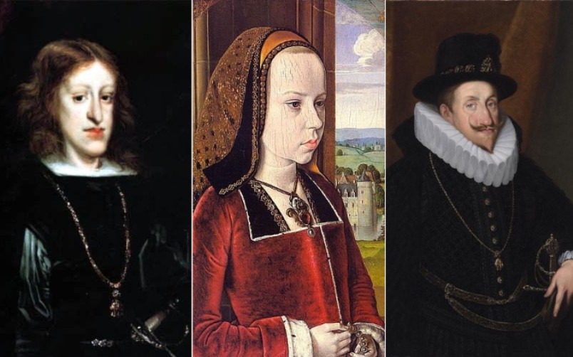 Incestos causaram deformidade maxilar em família real dos séculos 16 e 17. Da esquerda para a direita: Carlos II (1661-1700), Margarida da Áustria (1480-1530) e Fernando II (1578-1637) (Foto: Wikimedia Commons)
