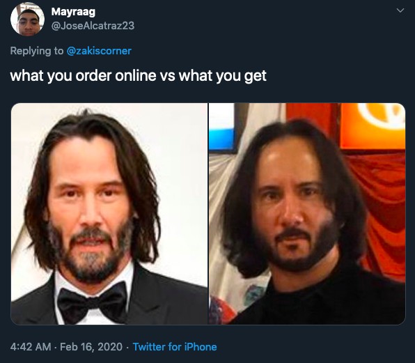 Uma piada na internet comparando o verdeiro Keanu Reeves com o indivíduo fotografado pelo apoiador de Donald Trump (Foto: Twitter)