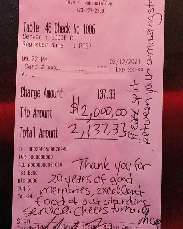 Casal deixa R$ 10 mil de gorjeta em restaurante por um motivo emocionante (Foto: reproduçõa/instagram)