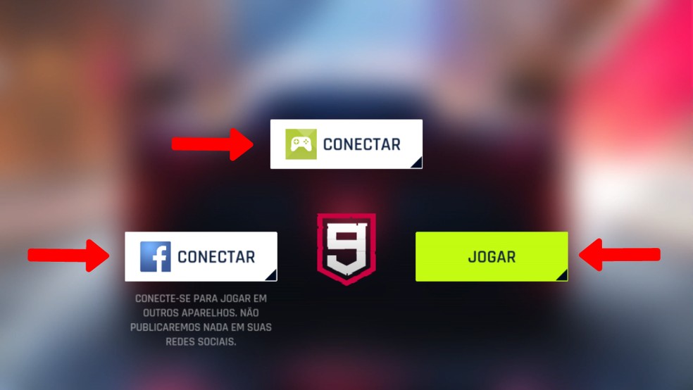 Conecte-se a sua conta Google Play ou Facebook e clique em Jogar — Foto: Reprodução/Arte Nicollas Ribeiro