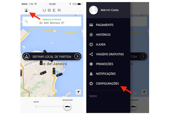 Acessando as configurações do Uber no iPhone (Foto: Reprodução/Marvin Costa)