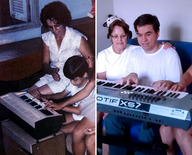 Edu Camargo fofo tocando teclado na companhia de sua mãe (Foto: Divulgação)