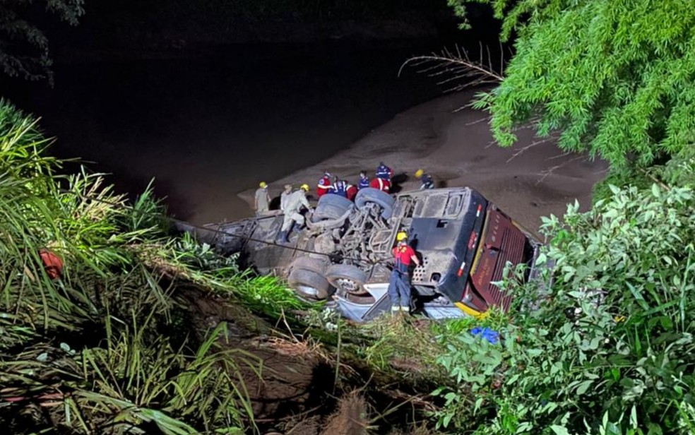 Ônibus cai em ribanceira na BR-153, em Aparecida de Goiânia — Foto: Reprodução/TV Anhanguera