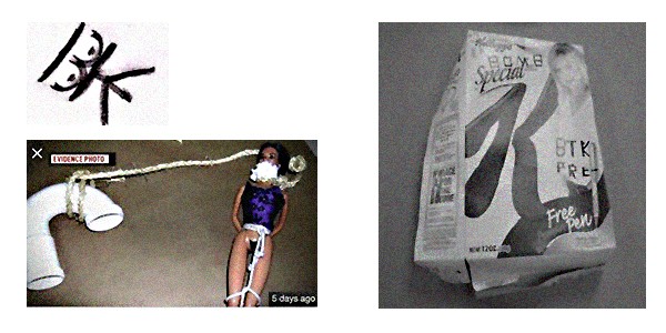 Símbolo criado por BTK; boneca encontrada no início dos anos 2000; e caixa de cereal em que Rader deixou mensagem para a polícia