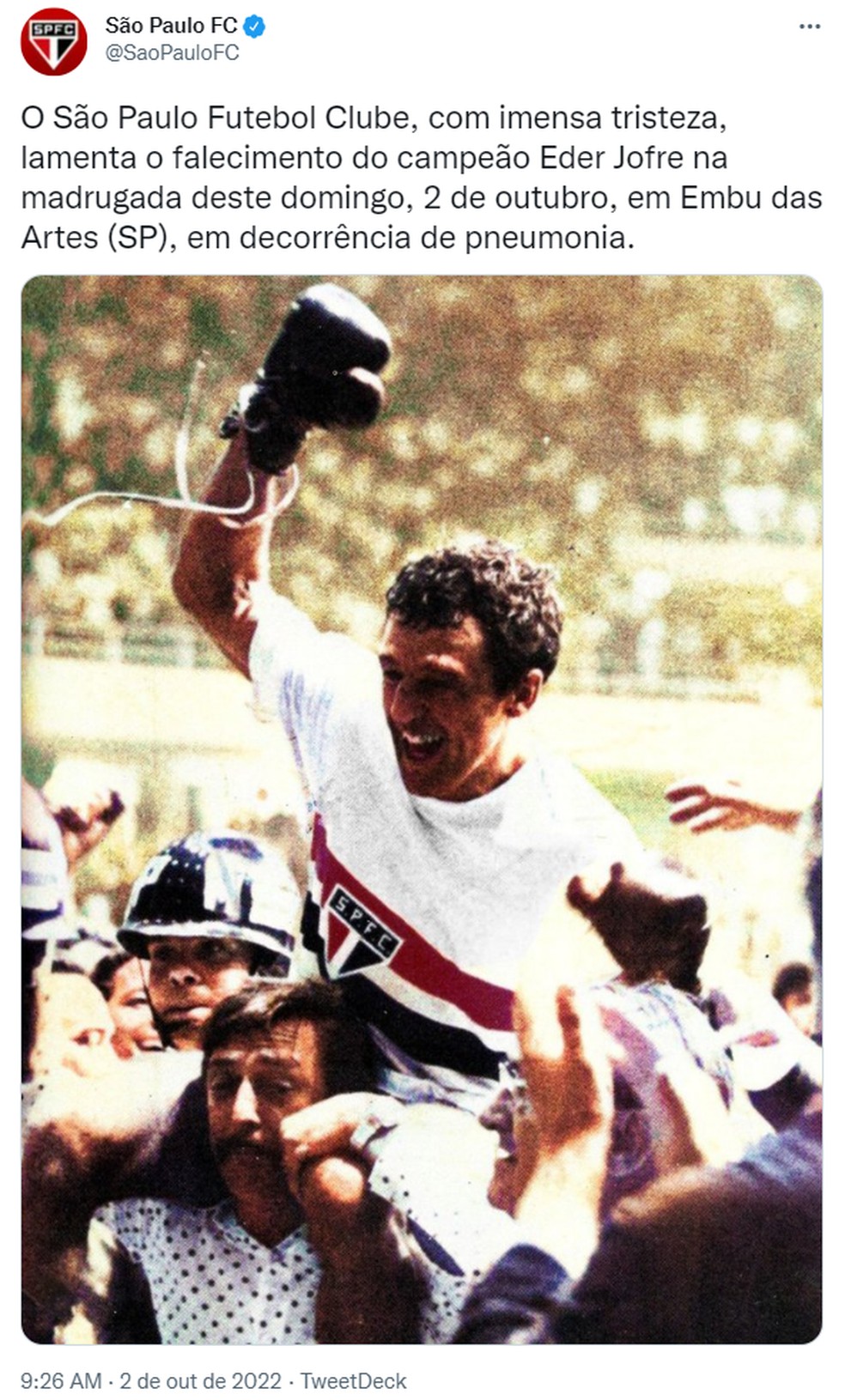 São Paulo Futebol Clube lamenta morte de Jofre em publicação no Twitter — Foto: Reprodução/Redes Sociais