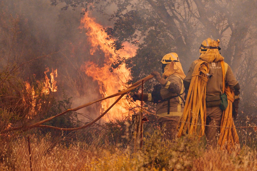 Bombeiros tentam conter incêndio florestal em Pumarejo de Tera, perto de Zamora, norte da Espanha neste sábado (18) — Foto: Cesar Manso/AFP