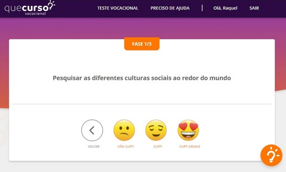 Que Curso possui teste teste vocacional completo para escolher faculdade — Foto: Reprodução/Raquel Freire