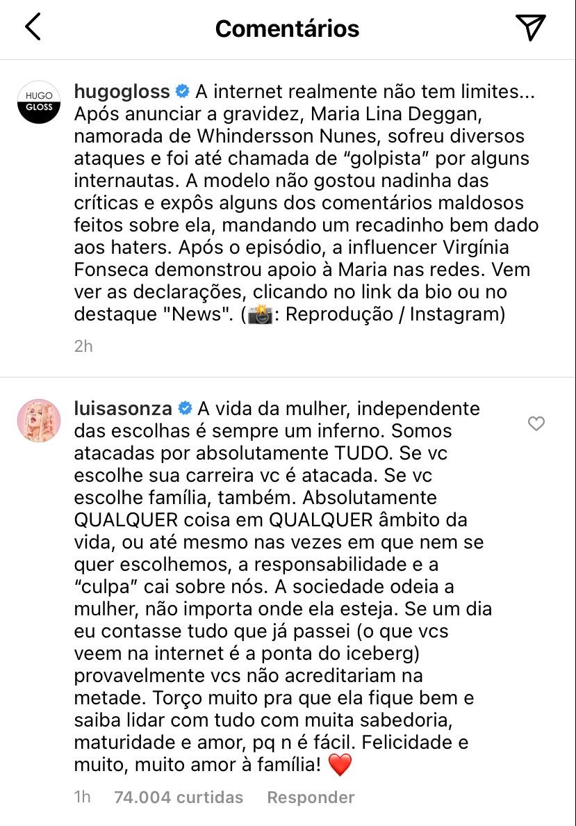 Comentário de Luísa Sonza (Foto: Reprodução/Instagram)