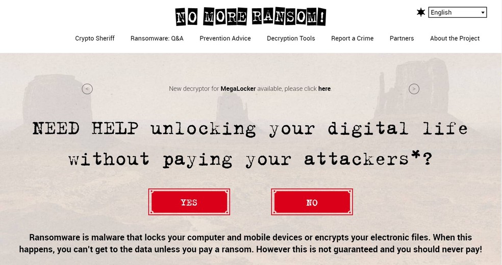 Site ajuda a desbloquear computadores que foram atacados por ransomwarw — Foto: Reprodução