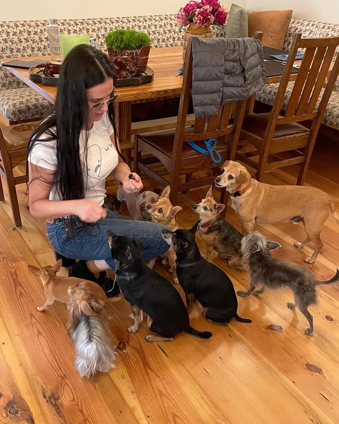 Demi Moore em post passado com os nove cães (Foto: Reprodução/Instagram)