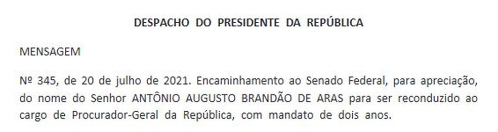 Jair Bolsonaro indica Augusto Aras para um novo mandato de dois anos na PGR — Foto: Reprodução / Diário Oficial da União
