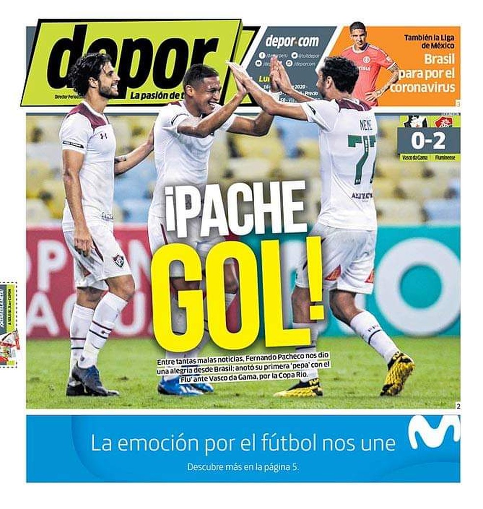 Jornal Depor, do Peru, destaca primeiro gol de Pacheco pelo Fluminense — Foto: Reprodução
