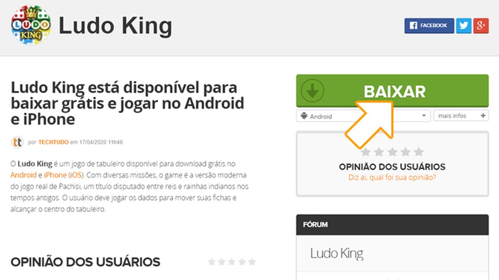 Após escolher a plataforma na qual deseja fazer o download de Ludo King clique em "Baixar" — Foto: Reprodução/Rafael Monteiro