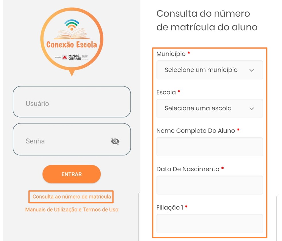 O Conexão Escola pede usuário e senha para entrar no app — Foto: Reprodução/Emanuel Reis