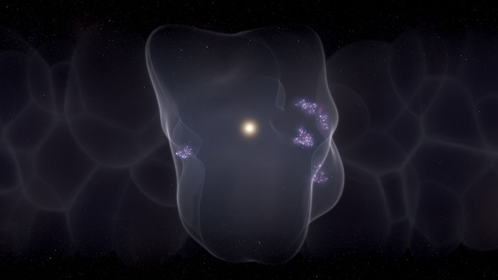 Ilustração artística da bolha que envolve a Terra com formação estelar ocorrendo na superfície da bolha (Foto: Creative Commons )
