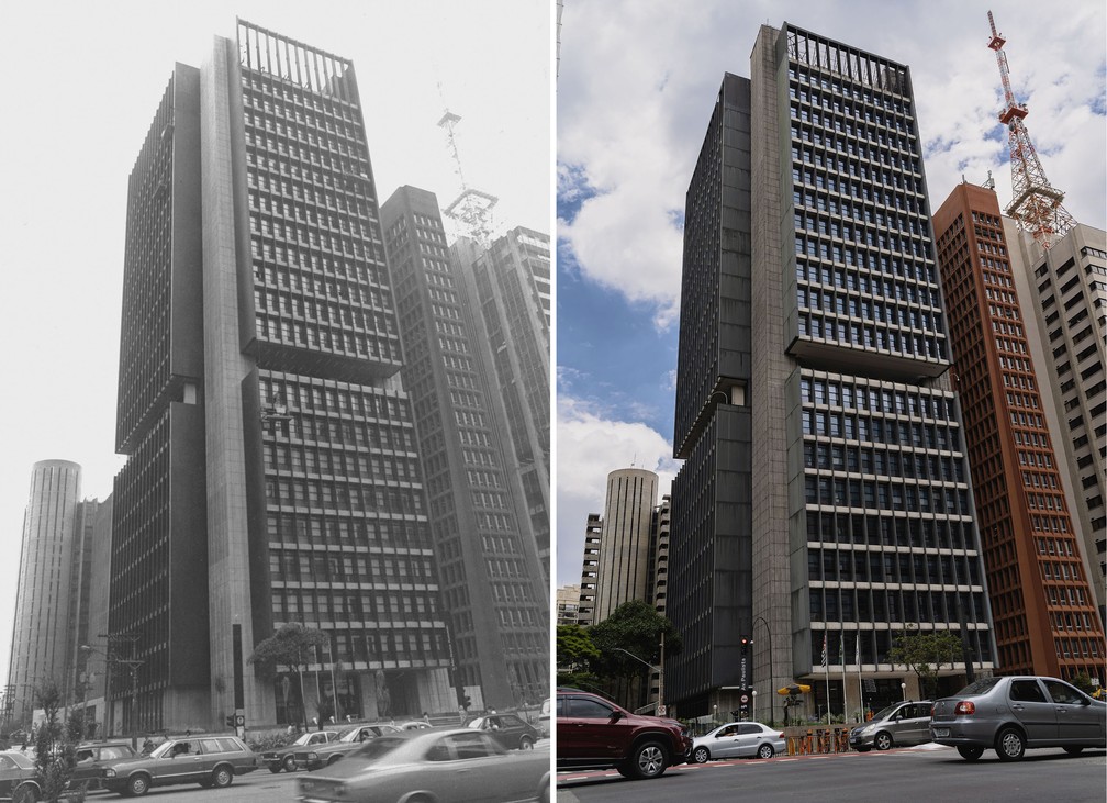 A fachada do prédio do Banco Central do Brasil, na avenida Paulista, é vista num intervalo de 40 anos: dezembro de 1981 e dezembro de 2021  — Foto: Estadão Conteúdo/Arquivo; Marcelo Brandt/g1