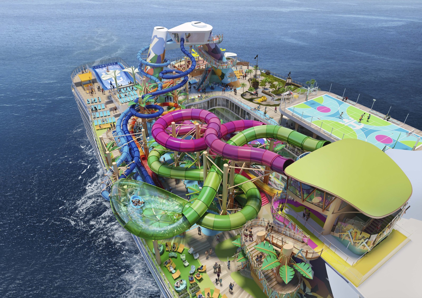 No 'bairro' Thrill Island, o Icon of the Seas terá a bordo o maior parque aquático já construído num navio de cruzeiros, o Category 6, com seis toboáguas — Foto: Divulgação