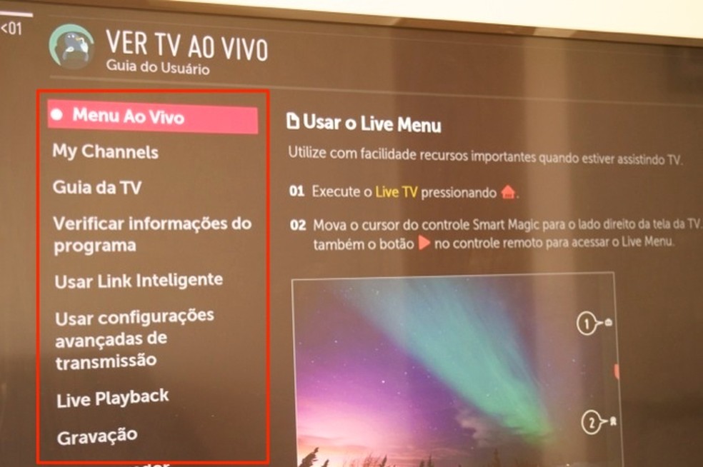Dicas sobre funções para usar durante a programação de TV aberta em uma smart TV da LG — Foto: Reprodução/Marvin Costa