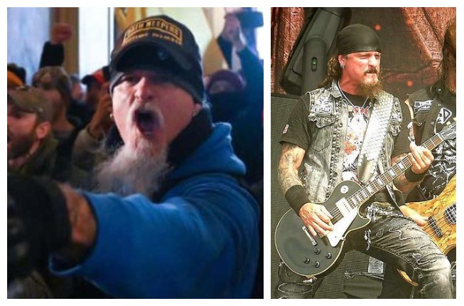 O músico Jon Schaffer na invasão do Capitólio e em show do Iced Earth (Foto: Divulgação/Instagram)