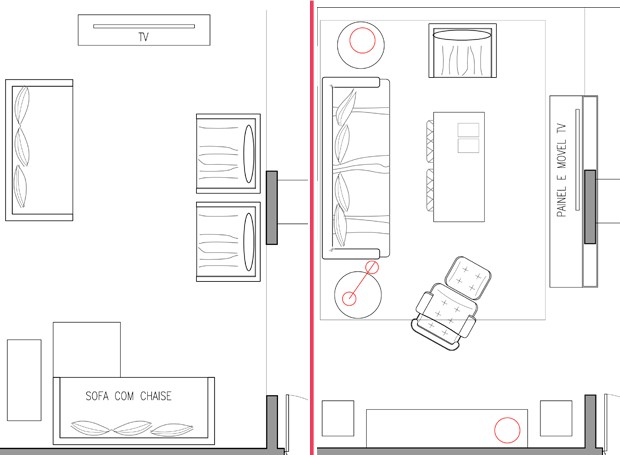 Na planta, o layout do ANTES, à esquerda, e, à DIREITA, a sugestão proposta por Robert Robl: a TV mudou de lugar. Em vez de dois sofás pequenos, um maior e duas poltronas (Foto: Divulgação)