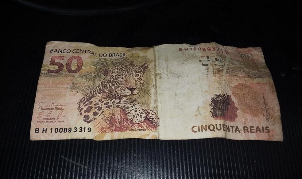 Nota falsa de R$ 50 que circulava em Machadinho D'Oeste, em Rondônia.  — Foto: Divulgação