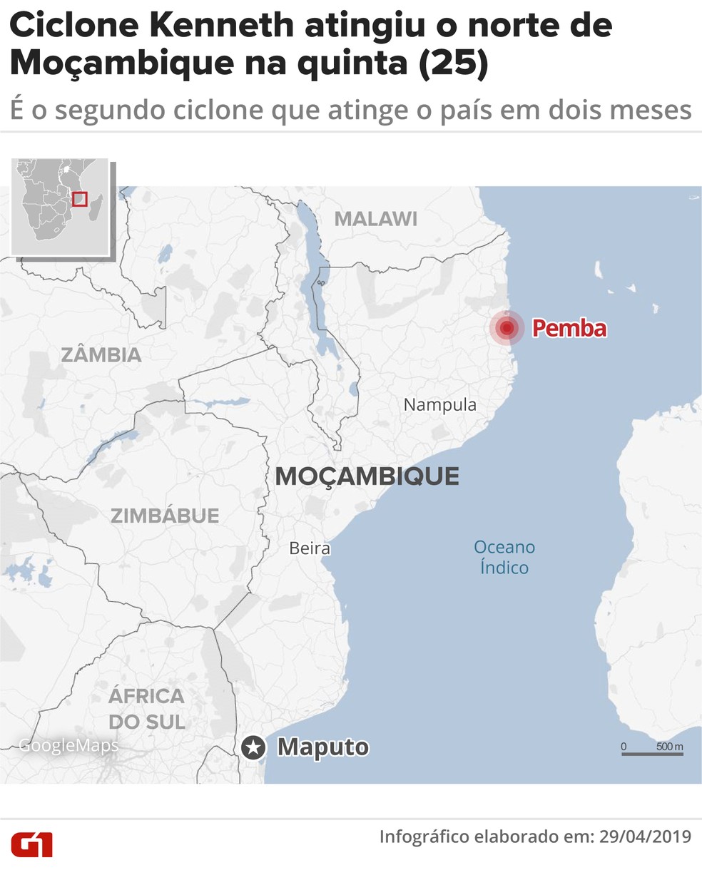 Ciclone atingiu principalmente a cidade de Pemba, no nordeste de Moçambique. — Foto: Juliane Monteiro/Arte G1