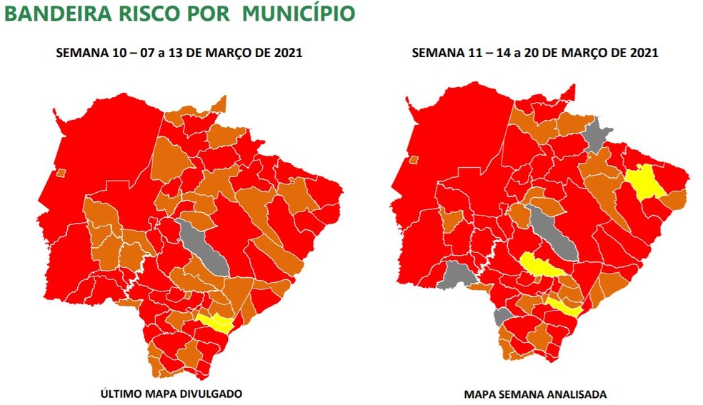 Mapas com as classificações dos municípios de MS por cores conforme o grau de risco para a pandemia do programa Prosseguir — Foto: Reprodução/G1 MS