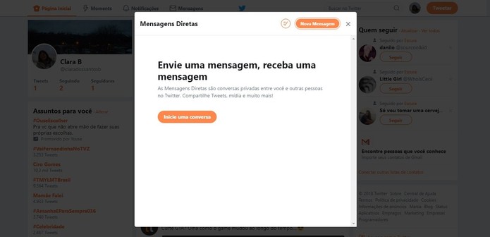 Se a pessoa para quem você está enviando uma mensagem não te segue, ela poderá recusar e não respondê-la (Foto: Reprodução/Clara Barreto) Se a pessoa para quem você está enviando uma mensagem não te segue, ela poderá recusar e não respondê-la (Foto: Reprodução/Clara Barreto)