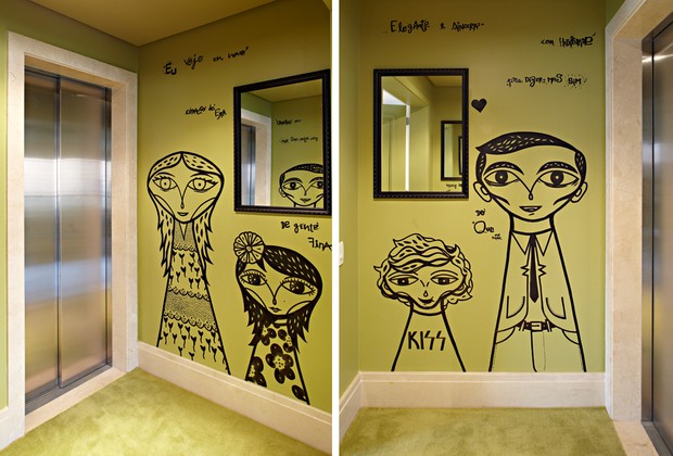 A parede do hall do elevador, pintada na cor Folha de Oliveira, da Coral, tem caricaturas da família grafitadas pelo artista Bruno Dias (Foto: Victor Affaro)