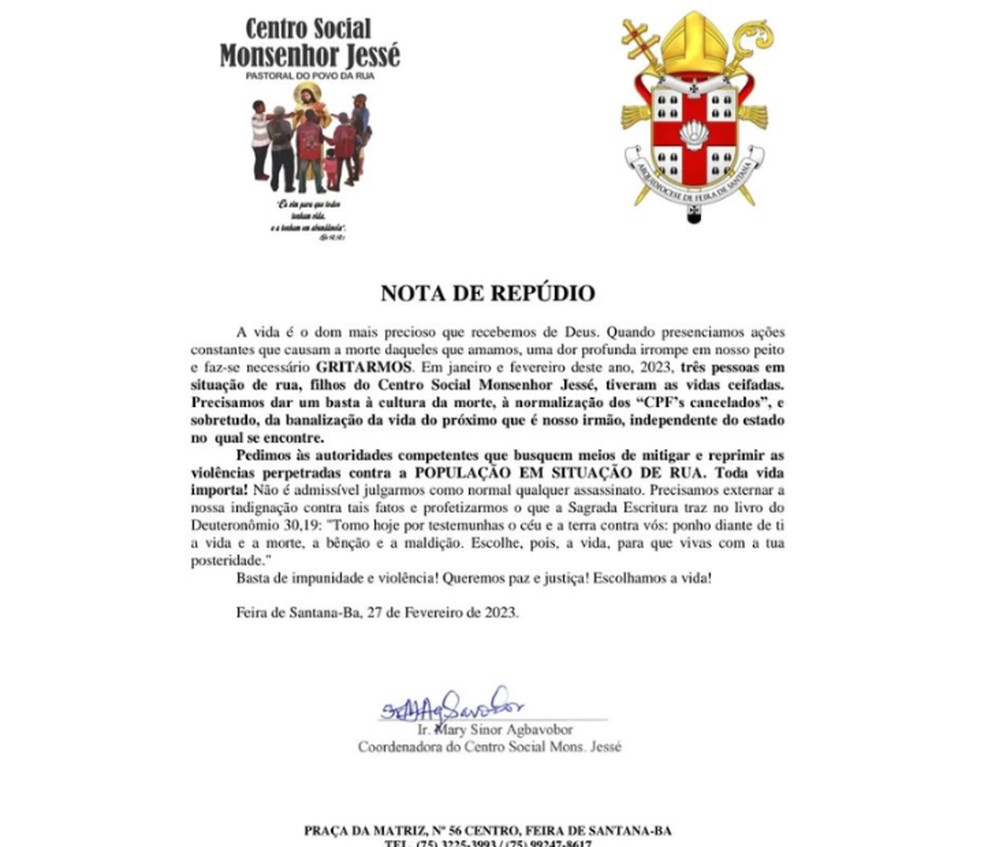 Nota de repúdio do Centro Social Monsenhor Jessé — Foto: Redes sociais