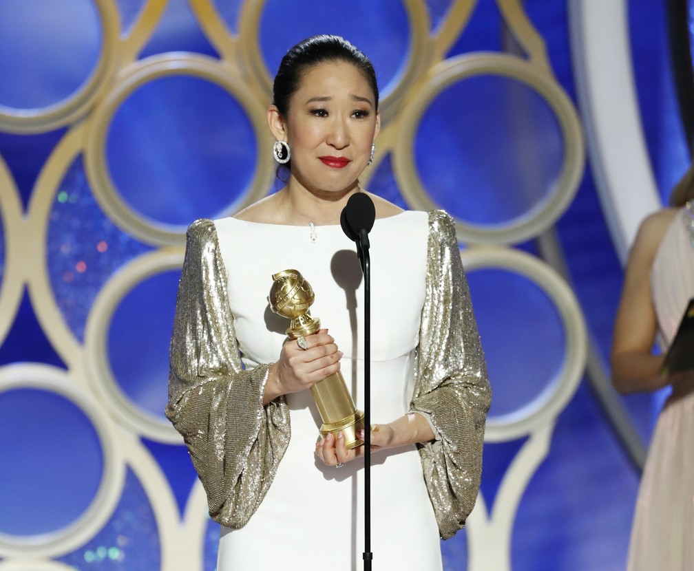 Sandra Oh vence o Globo de Ouro de melhor atriz em sÃ©rie de drama por 'Killing Eve' â Foto: Paul Drinkwater/NBC via AP