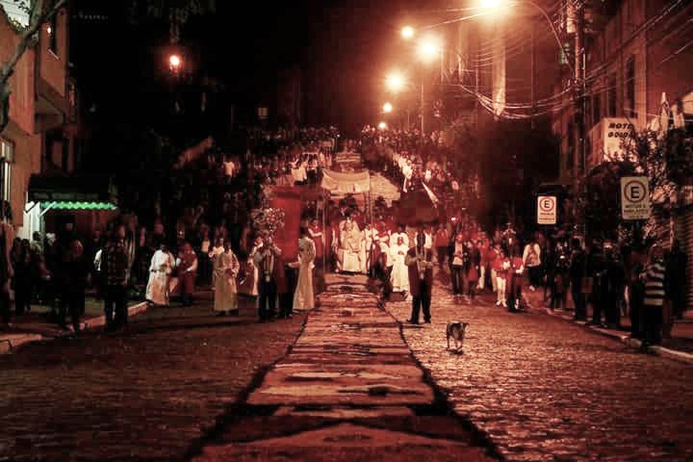 Bolinha acompanha procissão católica em São Lourenço (MG) (Foto: Daiana Dina/Reprodução Facebook)