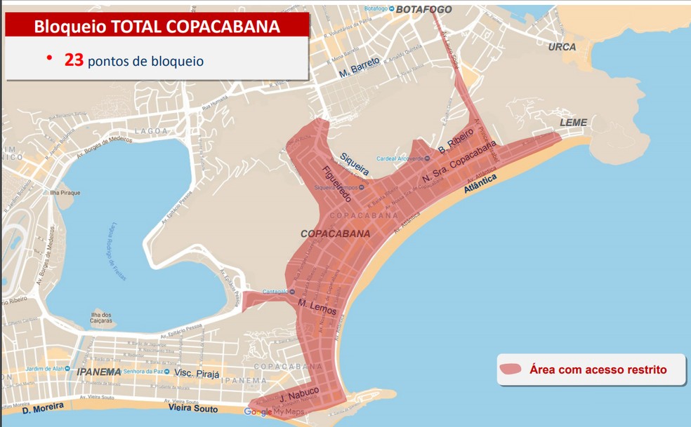 O bairro de Copacabana será fechado para o trânsito às 20h de quinta (31) — Foto: Reprodução/COR