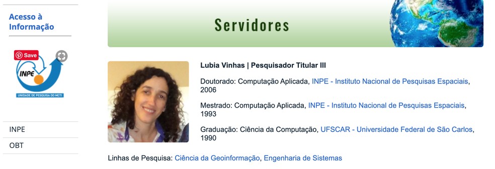 Lubia Vinhas &eacute; pesquisadora do Inpe; p&aacute;gina mostra informa&ccedil;&otilde;es de forma&ccedil;&atilde;o acad&ecirc;mica dela &mdash; Foto: Reprodu&ccedil;&atilde;o/ Inpe