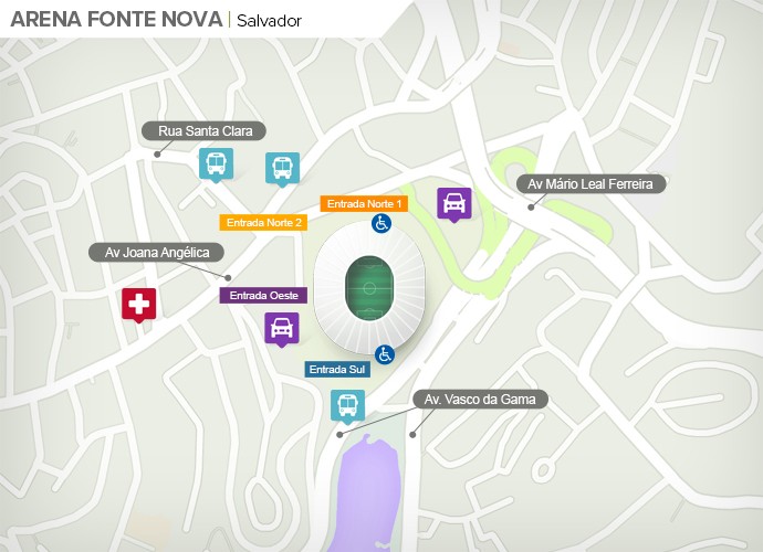 Mapa de acesso às ruas da Fonte Nova (Foto: Google Maps / Infografia GloboEsporte.com)