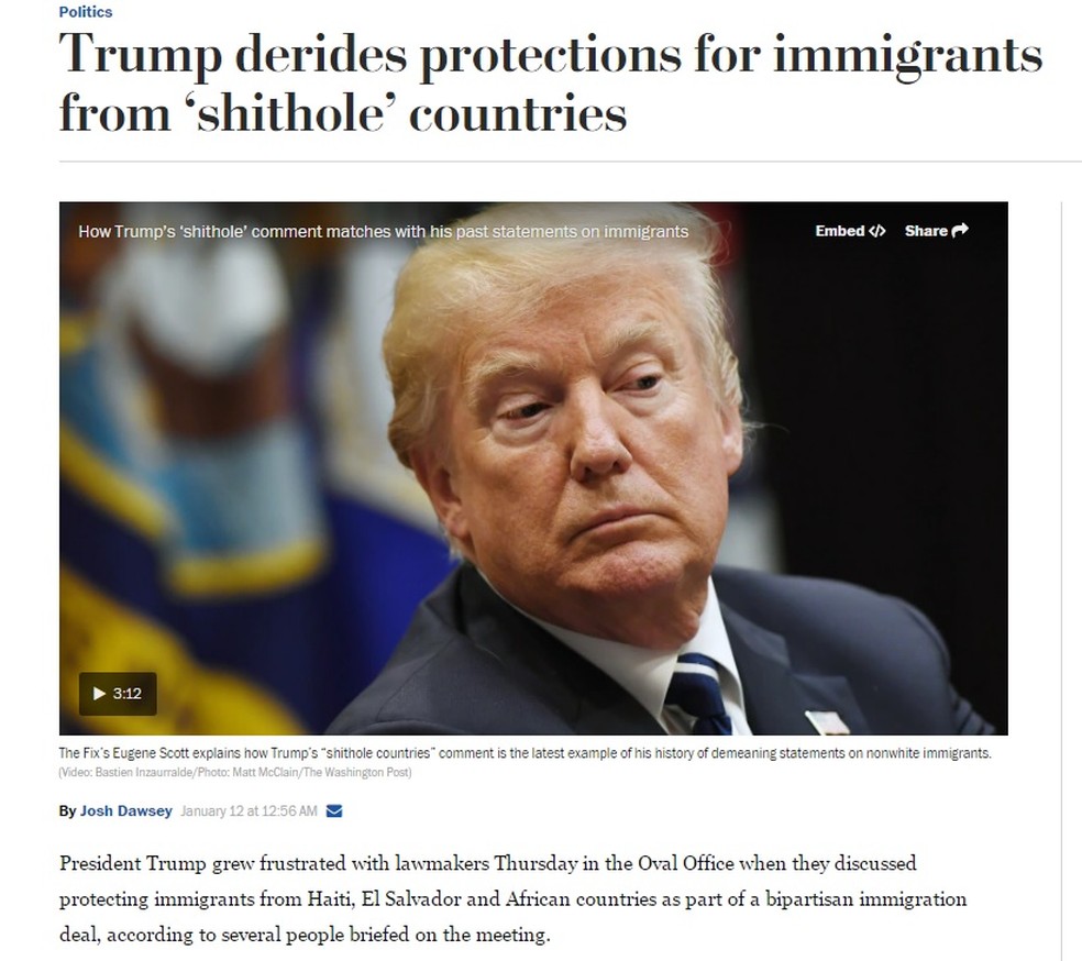 Segundo reportagem do 'Washington Post', Trump disse que imigrantes saíram de 'buracos de merda' (Foto: Reprodução/Washington Post )