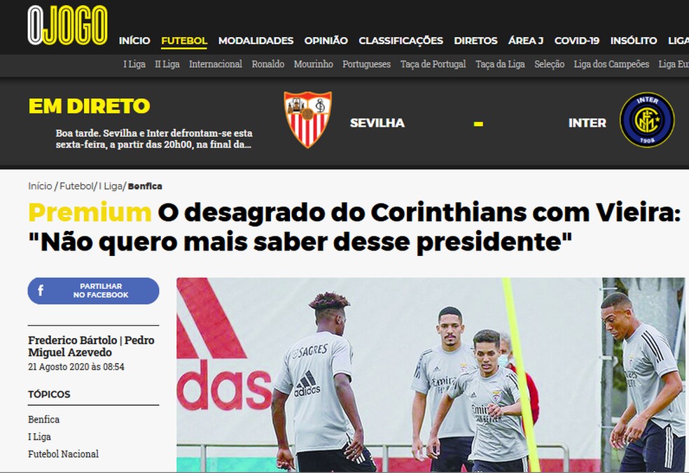 Site português traz frase de Andrés Sanchez, do Corinthians, contra o Benfica — Foto: Reprodução