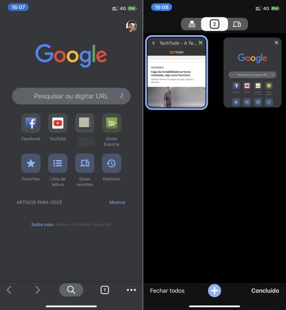 Chrome com o modo escuro ativado no iPhone — Foto: Reprodução/Helito Beggiora