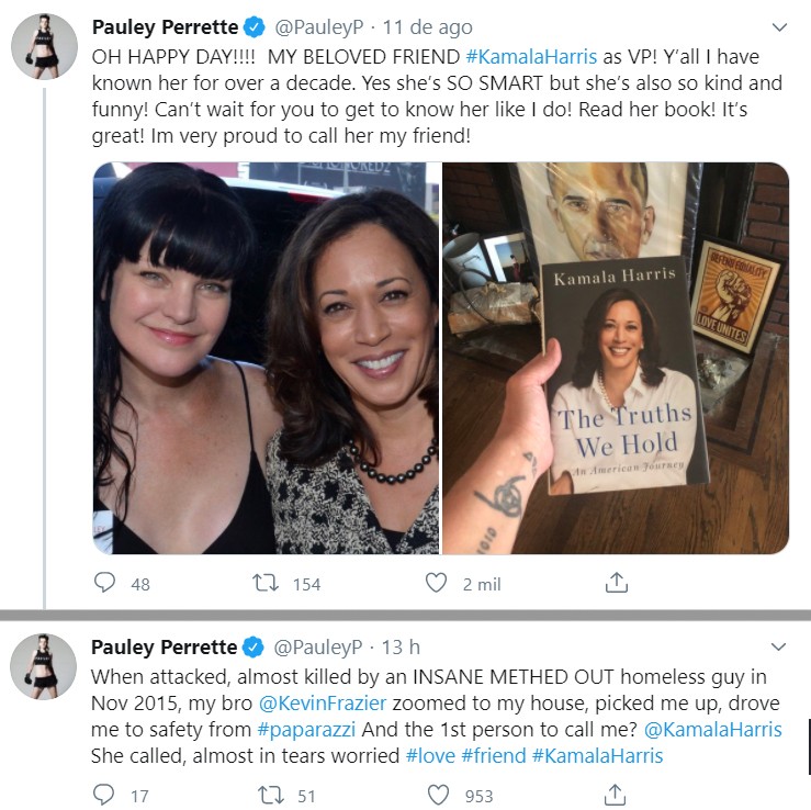 A atriz Pauley Perrette comemorou a escolha de Kamala Harris como candidata a vice-presidente da chapa de Joe Biden (Foto: Reprodução / Twitter)
