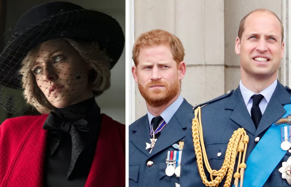 Kristen Stewart como princesa Diana em Spencer (2021); Harry e William (Foto: Reprodução/Getty Images)