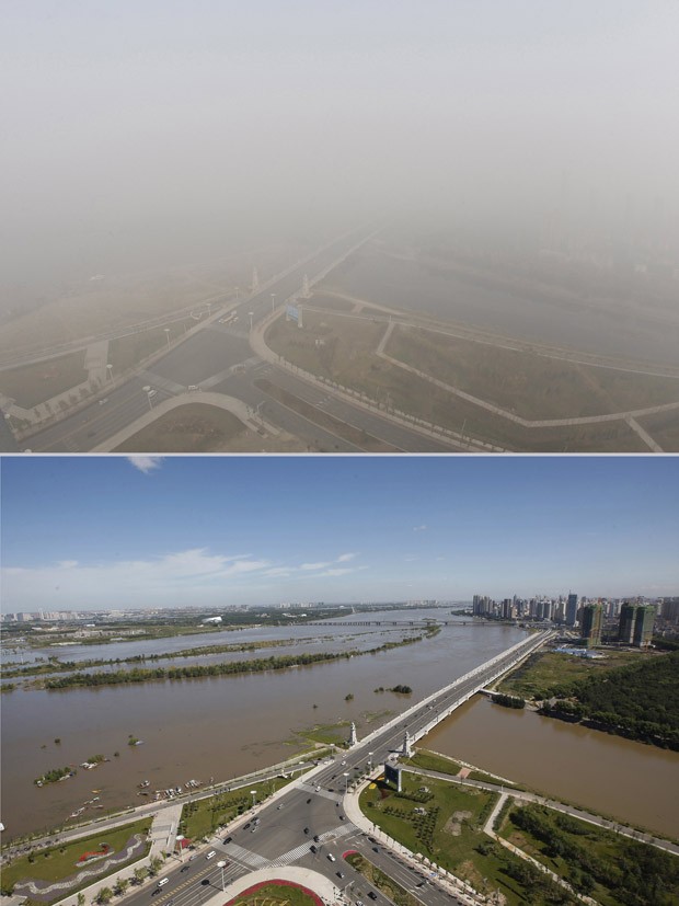   Montagem mostra as ruas da cidade de Harbin sob forte névoa nesta terça (22) (foto de cima) e o mesmo local em 27 de agosto (foto de baixo).  (Foto: AFP Photo/China Out)