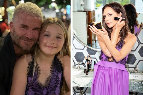 À esquerda, David Beckham e a filha Harper; à direita, Victoria Beckham com o mesmo vestido (Foto: Reprodução/Instagram)