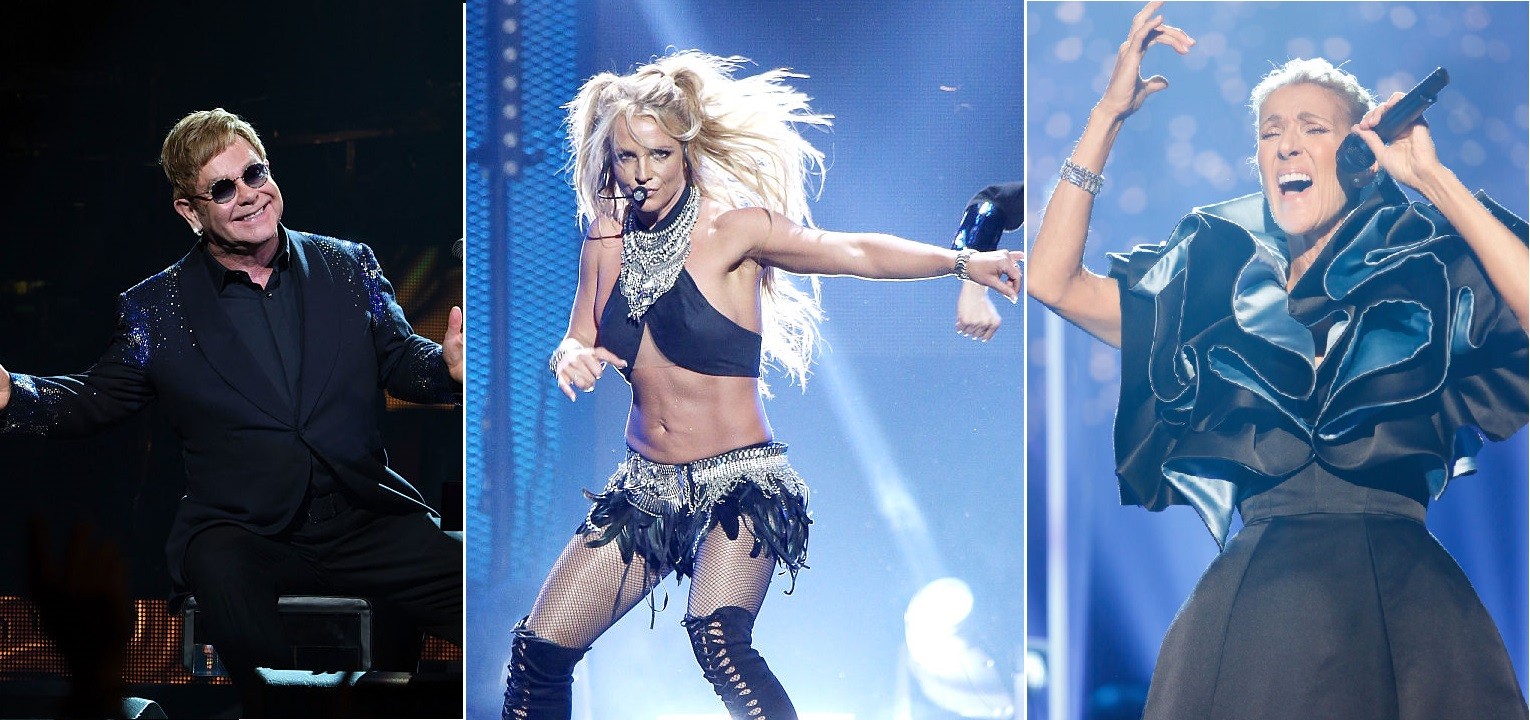 Elton John, Britney Spears e Céline Dion (Foto: Getty Images)
