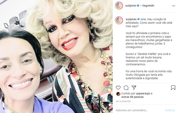 Suzana Pires se despede de Jane di Castro (Foto: Reprodução/Instagram)