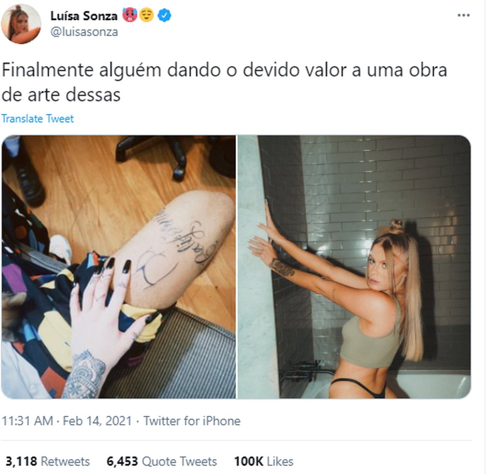 Luísa Sonza agradece publicamente a homenagem do namorado, Vitão, que tatuou o bumbum da amada na perna — Foto: reprodução/twitter